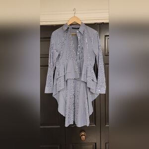 Zara Blue White Stripe Button Up Blouse with peplum high low hem train M Rare